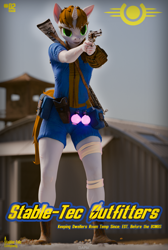 Size: 3353x5000 | Tagged: safe, artist:dark-fic, imported from derpibooru, oc, oc only, oc:littlepip, anthro, unicorn, fallout equestria, 3d, bandage, bandaged leg, blender, blender cycles, boots, clothes, gun, handgun, horn, jumpsuit, legs, little macintosh, magazine cover, pipbuck, potion, revolver, scar, shoes, solo, vault suit, weapon