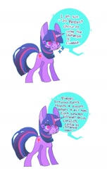 Size: 1134x1869 | Tagged: safe, artist:cutesykill, imported from derpibooru, part of a set, twilight sparkle, pony, unicorn, 2 panel comic, alternate eye color, beanbrows, big ears, colored eyelashes, colored pinnae, comic, concave belly, dialogue, emanata, eyebrows, female, frown, horn, implied princess celestia, mare, multicolored mane, multicolored tail, pink eyes, purple mane, purple tail, simple background, smiling, solo, sparkles, speech bubble, standing, tail, talking, unicorn twilight, white background, wingding eyes