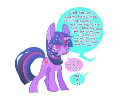 Size: 1134x935 | Tagged: safe, artist:cutesykill, imported from derpibooru, part of a set, twilight sparkle, pony, unicorn, alternate eye color, beanbrows, big ears, colored eyelashes, colored pinnae, concave belly, dialogue, eyebrows, female, frown, horn, implied princess celestia, mare, multicolored mane, multicolored tail, nervous, pink eyes, purple mane, purple tail, shrunken pupils, simple background, solo, speech bubble, standing, sweat, sweatdrop, sweating profusely, tail, talking, unicorn twilight, white background, wingding eyes