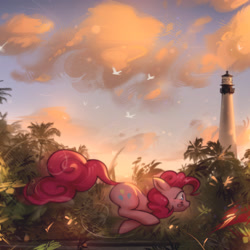 Size: 2048x2048 | Tagged: safe, artist:mirroredsea, imported from derpibooru, pinkie pie, earth pony, pony, cloud, female, lighthouse, mare, running, scenery, side view, solo, tongue out