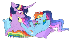 Size: 2489x1430 | Tagged: safe, artist:artistcoolpony, imported from derpibooru, rainbow dash, twilight sparkle, alicorn, pegasus, pony, blushing, chest fluff, curved horn, duo, duo female, eyebrows, eyebrows visible through hair, eyes closed, female, glasses, grin, horn, long horn, lying down, mare, on back, open mouth, open smile, pillow, round glasses, simple background, size difference, smiling, transparent background, twilight sparkle (alicorn)