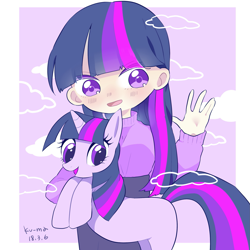 Size: 1979x1979 | Tagged: safe, artist:ku-ma, artist:kuma621g, artist:kuma621s, artist:kuma_toho621, imported from derpibooru, twilight sparkle, human, pony, unicorn, blush lines, blushing, cloud, cute, duo, female, holding a pony, horn, human coloration, human ponidox, humanized, looking at you, mare, open mouth, open smile, self paradox, self ponidox, smiling, twiabetes, unicorn twilight, waving