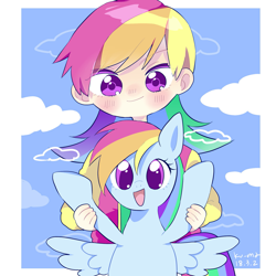 Size: 1979x1979 | Tagged: safe, artist:ku-ma, artist:kuma621g, artist:kuma621s, artist:kuma_toho621, imported from derpibooru, rainbow dash, human, pegasus, pony, blush lines, blushing, cloud, cute, dashabetes, duo, female, holding a pony, human coloration, human ponidox, humanized, looking at you, mare, open mouth, open smile, self paradox, self ponidox, smiling