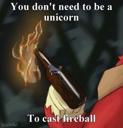 Size: 1443x1505 | Tagged: safe, artist:reddthebat, imported from derpibooru, big macintosh, earth pony, pony, beer bottle, bottle, hoof hold, hooves, magnetic hooves, male, molotov cocktail, offscreen character, solo, stallion, text