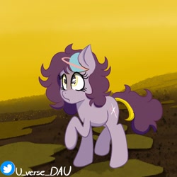 Size: 2048x2048 | Tagged: safe, artist:juniverse, imported from derpibooru, oc, oc:juniverse, earth pony, pony, colored, exploring, planet, rocky planet, solo, space pony, venus, walking, yellow sky