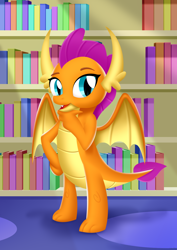 Size: 2480x3508 | Tagged: safe, artist:leonkay, imported from derpibooru, smolder, dragon, book, bookshelf, dragoness, female, hand on chin, library, solo, spread wings, wings