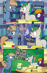 Size: 1920x2948 | Tagged: safe, artist:alexdti, imported from derpibooru, oc, oc:brainstorm (alexdti), oc:purple creativity, oc:star logic, pegasus, pony, unicorn, comic:quest for friendship retold, blushing, book, comic, covering, embarrassed, horn, library, male, stallion, tail, tail covering, twilight's castle, twilight's castle library