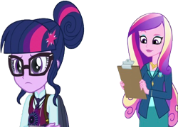 Size: 3525x2520 | Tagged: safe, edit, edited screencap, editor:homersimpson1983, imported from derpibooru, screencap, princess cadance, sci-twi, twilight sparkle, equestria girls, friendship games, background removed, clipboard, clothes, dean cadance, female, glasses, not a vector