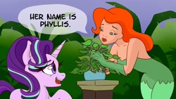 Size: 1920x1080 | Tagged: safe, artist:nedemai, imported from derpibooru, phyllis, starlight glimmer, human, pony, unicorn, crossover, dc comics, dialogue, duo, duo female, female, horn, mare, open mouth, open smile, poison ivy, potted plant, smiling, speech bubble