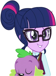 Size: 1854x2520 | Tagged: safe, edit, edited screencap, editor:homersimpson1983, imported from derpibooru, screencap, sci-twi, spike, spike the regular dog, twilight sparkle, dog, equestria girls, friendship games, background removed, clothes, glasses, not a vector, solo