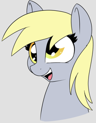 Size: 1484x1894 | Tagged: safe, artist:axlearts, imported from derpibooru, derpy hooves, pony, bust, female, gray background, happy, mare, open mouth, open smile, portrait, simple background, smiling, solo