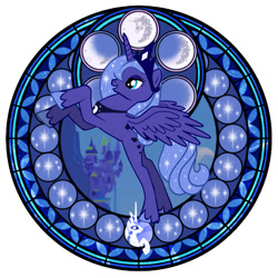 Size: 720x720 | Tagged: safe, artist:akili-amethyst, imported from derpibooru, princess celestia, princess luna, alicorn, pony creator, canterlot, kingdom hearts, moon, stained glass