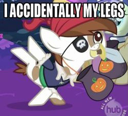 Size: 591x535 | Tagged: safe, imported from derpibooru, screencap, pipsqueak, caption, costune, eye ppatch, hub logo, image macro, logo, nightmare night, pip, pirate, pumpkin, sword, text, the hub, weapon