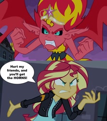 Size: 960x1080 | Tagged: safe, artist:richardchibbard, imported from derpibooru, sunset shimmer, demon, human, 2 panel comic, comic, dialogue, female, solo, sunset satan