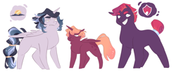 Size: 1586x700 | Tagged: safe, artist:nutter-meg, imported from derpibooru, oc, oc only, oc:lucy, oc:themis, oc:titania, alicorn, earth pony, pony, alicorn oc, cousins, earth pony oc, ethereal mane, female, frown, grin, height difference, horn, male, mare, offspring, parent:big macintosh, parent:good king sombra, parent:king sombra, parent:princess celestia, parent:princess luna, parents:celestibra, parents:lunamac, siblings, simple background, sisters, smiling, stallion, starry mane, tail, tail bun, tail wrap, trio, white background, wings