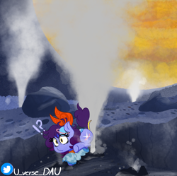 Size: 2410x2396 | Tagged: safe, artist:juniverse, imported from derpibooru, oc, oc:juniverse, earth pony, pony, clothes, clumsy, curious, europa, fact, getting into trouble, geyser, jupiter, planet, ribbon, satellite, silly, space pony, surprised, sweater, ups