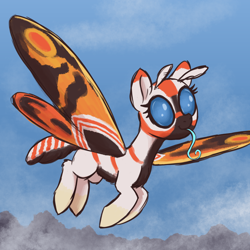 Size: 3000x3000 | Tagged: safe, artist:t72b, imported from derpibooru, insect, monster pony, moth, mothpony, original species, pony, antennae, cloud, female, flying, mare, mothra, ponified, reverse countershading, sky, tongue out