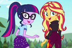 Size: 861x572 | Tagged: safe, alternate version, artist:thedarkpony, edit, edited screencap, imported from derpibooru, screencap, sci-twi, sunset shimmer, twilight sparkle, equestria girls, equestria girls series, legend of everfree, sunset's backstage pass!, spoiler:eqg series (season 2), bunset shimmer, butt, camp everfree outfits, clothes, cropped, female, pants, shorts, twibutt