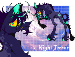 Size: 1024x768 | Tagged: safe, artist:glorioustragedykid, imported from derpibooru, oc, oc only, oc:night terror, pony, unicorn, artist, beard, chest fluff, chin fluff, coat markings, colored belly, colored hooves, colored horn, colored pinnae, colored pupils, colored sclera, colored teeth, countershading, crooked horn, duality, ear fluff, facial hair, facial markings, fangs, gradient background, grid, horn, lanky, leg fluff, leonine tail, long legs, long mane, long mane male, looking at you, male, multicolored eyes, passepartout, profile, purple coat, purple mane, raised hoof, reverse countershading, short tail, simple background, skinny, slit pupils, smiling, socks (coat markigns), solo, stallion, standing, tail, tall, text, thin, thin legs, two toned mane, unicorn oc, unshorn fetlocks, white background, yellow sclera