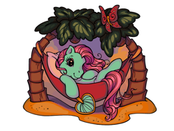 Size: 800x600 | Tagged: safe, artist:glorioustragedykid, imported from derpibooru, minty, butterfly, earth pony, pony, alternate eye color, beach, blue eyes, colored pinnae, coloring page, countershading, eyelashes, eyeshadow, fan, female, g3, green coat, hammock, hand fan, hoof hold, hoof on chest, long mane, long tail, lying down, makeup, mare, palm tree, pink mane, pink tail, profile, sand, smiling, solo, sunset, tail, tree, tropical, wavy mane, wavy tail, wingding eyes