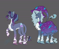 Size: 3484x2887 | Tagged: safe, artist:arcticsaiyan, imported from derpibooru, starlight glimmer, trixie, pony, unicorn, alternate design, cape, clothes, coat markings, countershading, glowing, hat, horn, leonine tail, multicolored hair, redesign, socks (coat markings), tail, trixie's cape, trixie's hat