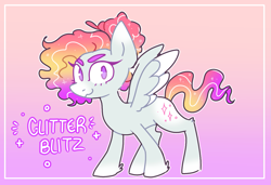 Size: 1197x818 | Tagged: safe, artist:bunnykitty13, artist:scenebunny, artist:scenesonic, imported from derpibooru, oc, oc only, oc:glitter blitz, pegasus, :3, ambiguous gender, big ears, border, coat markings, colored eartips, colored eyebrows, colored eyelashes, colored muzzle, colored wings, colored wingtips, curly mane, curly tail, eyelashes, fusion, fusion:rainbow dash, fusion:rarity, gradient background, gradient mane, gradient tail, hair bun, hoof fluff, looking at you, pegasus oc, purple eyes, short, smiling, smiling at you, socks (coat markings), sparkly mane, sparkly tail, spread wings, standing, tail, two toned wings, wingding eyes, wings