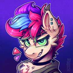 Size: 3500x3500 | Tagged: safe, artist:yumkandie, imported from derpibooru, oc, oc only, oc:pedals, pegasus, pony, bust, cheek fluff, chest fluff, choker, commission, ear fluff, ear piercing, freckles, glowing, glowing eyes, gradient background, grin, multiple variants, piercing, smiling, solo, teeth, tricolor mane