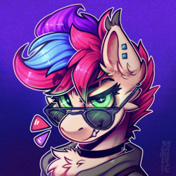 Size: 3500x3500 | Tagged: safe, alternate version, artist:yumkandie, imported from derpibooru, oc, oc only, oc:pedals, pegasus, pony, bust, cheek fluff, chest fluff, choker, commission, ear fluff, ear piercing, freckles, glowing, glowing eyes, gradient background, grin, multiple variants, piercing, smiling, solo, sunglasses, teeth, tricolor mane