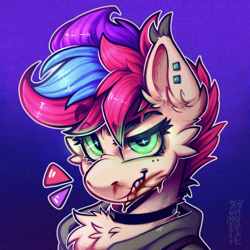 Size: 3500x3500 | Tagged: safe, alternate version, artist:yumkandie, imported from derpibooru, oc, oc only, oc:pedals, pegasus, pony, blood, bust, cheek fluff, chest fluff, choker, commission, ear fluff, ear piercing, freckles, glowing, glowing eyes, gradient background, grin, multiple variants, piercing, smiling, solo, teeth, tricolor mane