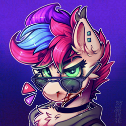 Size: 3500x3500 | Tagged: safe, alternate version, artist:yumkandie, imported from derpibooru, oc, oc only, oc:pedals, pegasus, pony, blood, bust, cheek fluff, chest fluff, choker, commission, ear fluff, ear piercing, freckles, glowing, glowing eyes, gradient background, grin, multiple variants, piercing, smiling, solo, sunglasses, teeth, tricolor mane