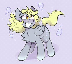 Size: 1594x1420 | Tagged: safe, artist:bunnykitty13, artist:scenebunny, artist:scenesonic, imported from derpibooru, derpy hooves, pegasus, pony, :3, alternate hairstyle, beanbrows, big ears, bubble, chest fluff, colored eyebrows, curly mane, derp, ear fluff, eye clipping through hair, eyebrows, eyebrows visible through hair, female, folded wings, gradient legs, gray coat, mare, purple background, shadow, short, short mane, simple background, smiling, solo, standing, tail, wingding eyes, wings, yellow eyes, yellow mane, yellow tail