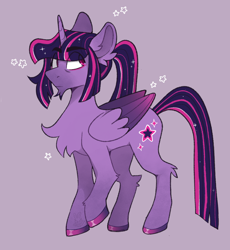 Size: 1280x1391 | Tagged: safe, artist:bunnykitty13, artist:scenebunny, artist:scenesonic, imported from derpibooru, twilight sparkle, alicorn, pony, alternate design, alternate eye color, alternate hair color, alternate hairstyle, bags under eyes, beard, big ears, chest fluff, chin fluff, colored hooves, colored wings, ear fluff, eye clipping through hair, eyebrows, eyebrows visible through hair, facial hair, female, folded wings, frown, gradient legs, gradient wings, horn, long legs, long mane, long tail, looking back, mare, multicolored mane, multicolored tail, multicolored wings, narrowed eyes, pink eyes, ponytail, purple background, purple coat, raised hoof, shiny hoof, simple background, solo, sparkly mane, sparkly tail, standing, stars, straight mane, straight tail, tail, tall, tied mane, twilight sparkle (alicorn), unicorn horn, wingding eyes, wings