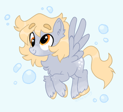 Size: 764x696 | Tagged: safe, artist:bunnykitty13, artist:scenebunny, artist:scenesonic, imported from derpibooru, derpy hooves, pegasus, pony, alternate color palette, alternate design, alternate hairstyle, artist, blonde mane, blonde tail, blue background, bubble, chest fluff, coat markings, colored eyebrows, colored hooves, colored muzzle, derp, design, ear fluff, eyebrows, eyebrows visible through hair, female, flying, freckles, gray coat, leg fluff, long mane, long tail, mare, redesign, short mane, simple background, socks (coat markings), solo, spread wings, starry eyes, tail, unshorn fetlocks, vector, wingding eyes, wings, yellow eyes, yellow mane, yellow tail