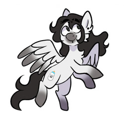 Size: 500x500 | Tagged: safe, artist:bunnykitty13, artist:scenebunny, artist:scenesonic, imported from derpibooru, oc, oc only, unnamed oc, pegasus, pony, ambiguous gender, black mane, black tail, cheek fluff, coat markings, colored muzzle, colored wings, colored wingtips, ear fluff, ear piercing, earring, eye clipping through hair, eyebrow piercing, eyebrow slit, eyebrows, eyebrows visible through hair, flying, gradient legs, gray eyes, jewelry, labret, lip piercing, long mane, long tail, looking up, pegasus oc, piercing, simple background, smiling, socks (coat markings), solo, spread wings, tail, two toned wings, wavy mane, wavy tail, white background, white coat, windswept mane, wingding eyes, wings