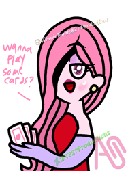 Size: 768x1024 | Tagged: safe, artist:wt821productions, imported from derpibooru, oc, oc:annisa trihapsari, equestria girls, blushing, dialogue, ear piercing, equestria girls-ified, jessica rabbit, lips, lipstick, looking at you, open mouth, open smile, piercing, playing card, simple background, smiling, solo, transparent background, watermark, who framed roger rabbit