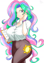 Size: 1280x1837 | Tagged: safe, artist:a.s.e, imported from derpibooru, princess celestia, human, equestria girls, breasts, busty princess celestia, clipboard, clothes, cutie mark, cutie mark on clothes, female, humanized, long hair, principal celestia, simple background, solo, white background