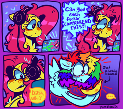 Size: 2048x1813 | Tagged: safe, artist:yumkandie, imported from derpibooru, fluttershy, rainbow dash, pegasus, pony, 4 panel comic, :<, banana, blushing, chest fluff, comic, cross-popping veins, dialogue, duo, duo female, emanata, female, food, headphones, heart, lesbian pride flag, mare, pride, pride flag, smiling, speech bubble, transgender pride flag, vulgar, wings