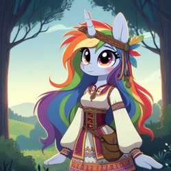 Size: 1024x1024 | Tagged: safe, imported from derpibooru, rainbow dash, unicorn, ai content, ai generated, cyrillic, horn, race swap, russian, slavic, solo, tree