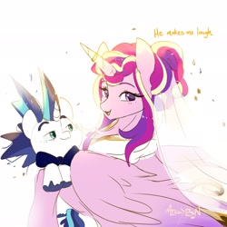 Size: 2048x2048 | Tagged: safe, artist:mikkybun, imported from derpibooru, princess cadance, shining armor, alicorn, pony, unicorn, alternate hairstyle, bowtie, chibi, clothes, dress, duo, duo male and female, female, high res, horn, male, mare, meme, shiningcadance, shipping, simple background, stallion, straight, the bride and the ugly ass groom, veil, wedding dress, wedding veil, white background