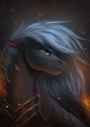 Size: 1769x2504 | Tagged: safe, artist:nettlemoth, imported from derpibooru, oc, oc only, pegasus, pony, bust, embers, fire, floppy ears, looking offscreen, solo, turned head