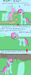 Size: 2000x4760 | Tagged: safe, artist:amateur-draw, imported from derpibooru, oc, oc only, oc:belle boue, earth pony, unicorn, 3 panel comic, comic, father, female, horn, male, mare, mud, parent, sad, simple background, stallion, text