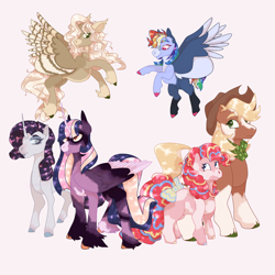 Size: 2000x2000 | Tagged: safe, artist:chimerabytes, imported from derpibooru, applejack, fluttershy, pinkie pie, rainbow dash, rarity, twilight sparkle, alicorn, earth pony, pegasus, pony, unicorn, alternate design, bow, coat markings, flying, high res, hoof fluff, horn, long feather, mane six, patterned wings, size difference, socks (coat markings), spread wings, tail, tail bow, twilight sparkle (alicorn), unshorn fetlocks, wings