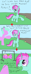 Size: 2000x4749 | Tagged: safe, artist:amateur-draw, imported from derpibooru, oc, oc only, oc:belle boue, earth pony, unicorn, 3 panel comic, clothes, comic, dress, female, horn, male, mare, mother, mother and child, mother and son, mud, stallion, text