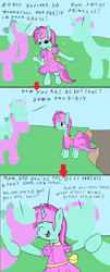 Size: 2000x4963 | Tagged: safe, artist:amateur-draw, imported from derpibooru, oc, oc only, oc:belle boue, earth pony, unicorn, 3 panel comic, bipedal, clothes, comic, crossdressing, dress, father, father and child, father and son, female, horn, hug, male, mare, mother, mother and child, mother and son, mud, parent, pink dress, stallion, standing, text