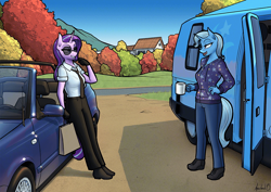 Size: 1160x820 | Tagged: safe, artist:apocheck13, imported from derpibooru, starlight glimmer, trixie, anthro, plantigrade anthro, unicorn, bag, car, clothes, commission, commissioner:citizenwolf, female, golf 3 convertible, horn, lesbian, motorhome, mug, outdoors, shipping, shirt, startrix, sunglasses, tree, van, vixen 21td, volkswagen