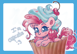 Size: 4960x3508 | Tagged: safe, artist:krista-21, imported from derpibooru, pinkie pie, earth pony, cherry, chibi, cream, cupcake, curly hair, cute, diapinkes, food, hoof heart, simple background, sitting, solo, text, underhoof