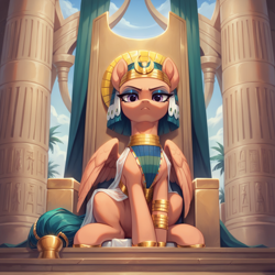 Size: 1536x1536 | Tagged: safe, imported from derpibooru, somnambula, pegasus, pony, ai content, ai generated, ancient egypt, bracelet, clothes, cloud, column, curtains, egypt, egyptian headdress, egyptian pony, female, frown, generator:autismmix pony, generator:stable diffusion, gold, hoof shoes, jewelry, looking at you, looking down, looking down at you, low angle, makeup, mare, mascara, palm tree, partially open wings, prompter:tyto4tme4l, regal, sitting, sky, solo, tail, tail jewelry, throne, tree, wings