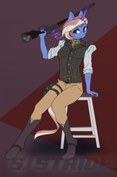 Size: 2922x4409 | Tagged: safe, artist:shade stride, imported from derpibooru, oc, oc only, oc:fire lash, anthro, unicorn, boots, clothes, female, gun, horn, lever action rifle, long sleeved shirt, long sleeves, magic, pants, rifle, shirt, shoes, sitting, solo, solo female, stool, telekinesis, vest, watermark, weapon