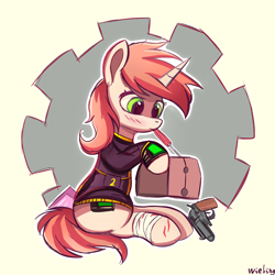 Size: 2048x2048 | Tagged: safe, artist:weiling, imported from derpibooru, oc, oc only, oc:littlepip, pony, unicorn, fallout equestria, bandage, blushing, clothes, cute, female, gun, handgun, high res, hoof hold, horn, jumpsuit, little macintosh, looking at something, mare, mouth hold, pipbuck, pistol, repairing, revolver, screwdriver, simple background, sitting, solo, stable door, toaster, unicorn oc, vault suit, weapon