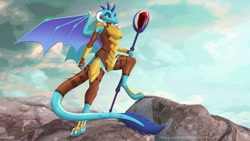 Size: 2560x1440 | Tagged: safe, artist:leopon276, imported from derpibooru, princess ember, anthro, digitigrade anthro, dragon, armor, bloodstone scepter, dragon horns, dragon lands, dragon wings, dragoness, female, frills, horns, solo, spread wings, standing, tail, wings